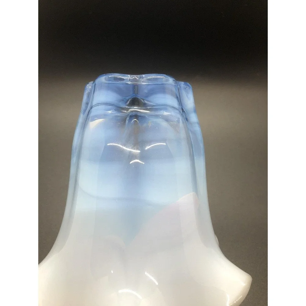 Blue White Opalescent Fade Art‎ Glass Vase Ruffled Rim MCM Style 4